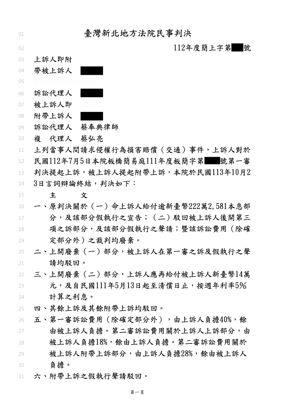 車禍損害賠償案、蔡奉典律師